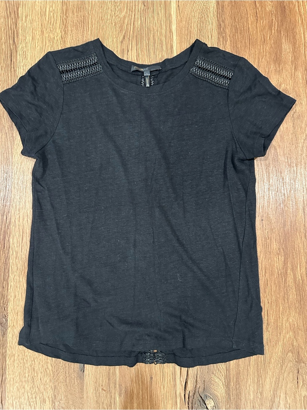 Maje Black Short Sleeve Tee with Crochet Shoulder Detail